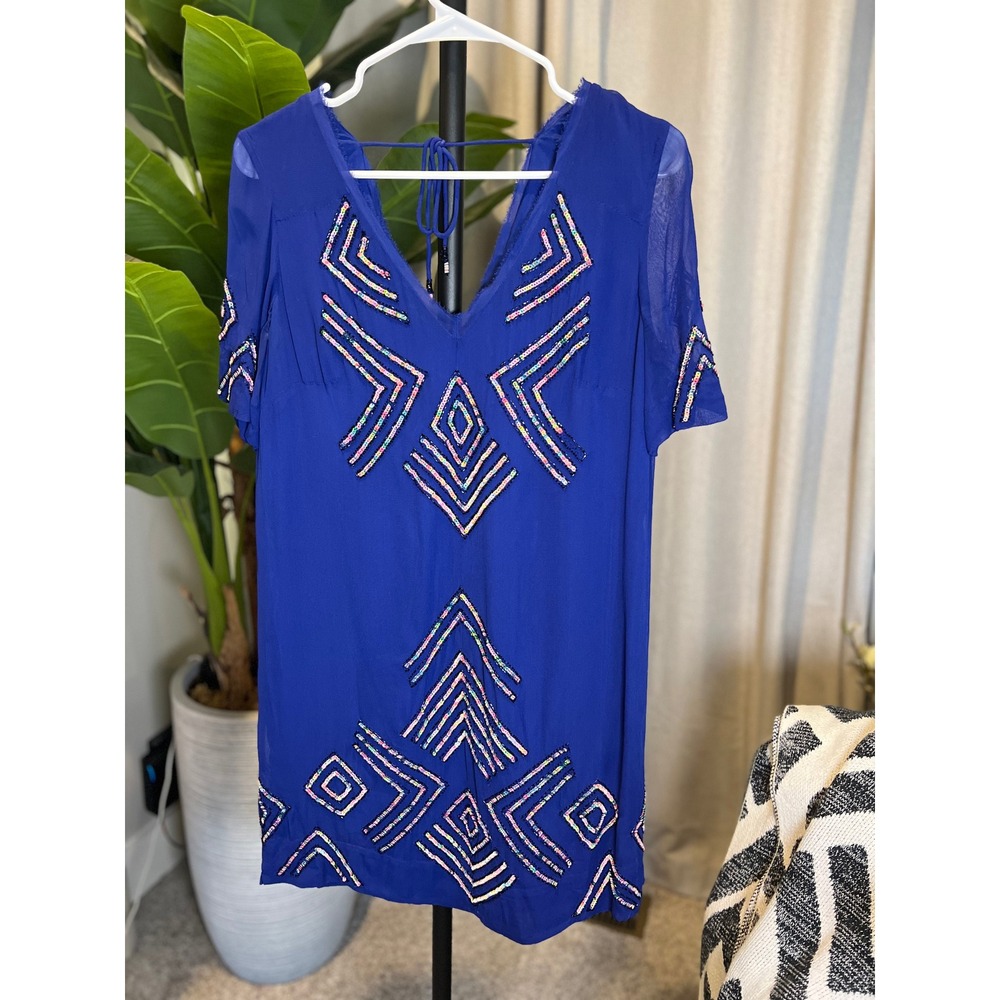 French Connection Blue Sequin Geometric V-Neck Shift Dress Womens Size 8
